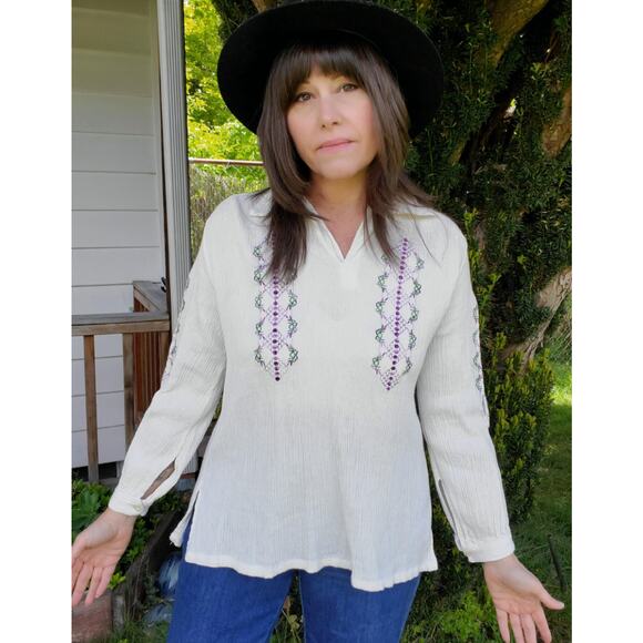 Vintage embroidered boho cotton gauze tunic blouse - Picture 1 of 9